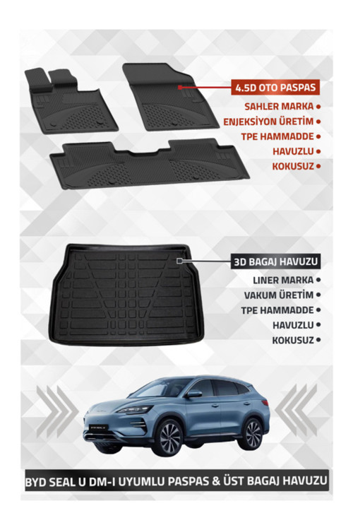 BYD Seal U Dm-i 2024+ Uyumlu LİNER Marka 3D Kulaksız ÜST Bagaj Havuzu + SAHLER 4.5D Oto Paspas