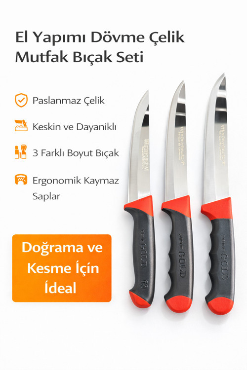 3’lü El Yapımı Dövme Çelik Mutfak Bıçak Seti Paslanmaz Keskin Et Sebze Meyve Doğrama Bıçakları