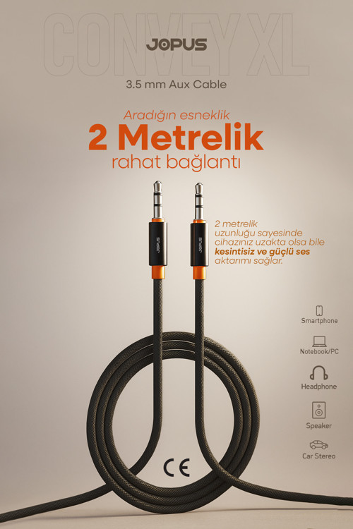 3.5mm Aux To 3.5mm Aux Ses Kablosu Stereo Destekli Örgülü 2 Metre