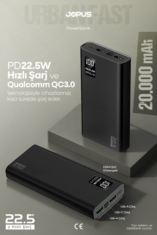 20000mAh PowerBank PD 22.5W Hızlı Şarj - Dijital Ekranlı - Taşınabilir Şarj Cihazı - Siyah JP-P12