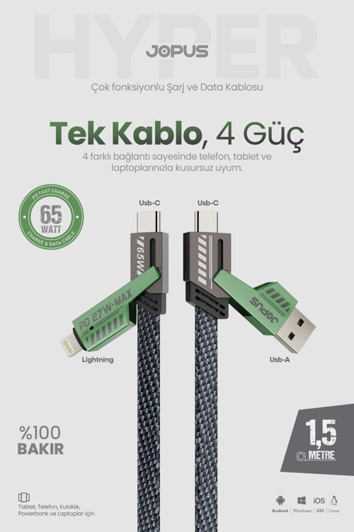 4in1 65W PD Hızlı Şarj Kablosu iPhone Android Uyumlu Type C Lightning Kumaş Örgü Data Pro 1.5 Metre