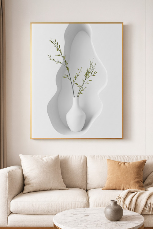 Stillness Beyaz 01 - Gerçek Cama Baskı Gold Alüminyum Metal Çerçeveli Tekli Modern Çiçekli Tablo