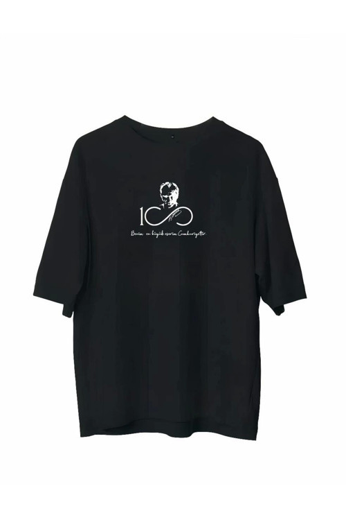 beybunn Unisex Bisiklet Yaka Baskılı Oversize T-Shirt - Siyah