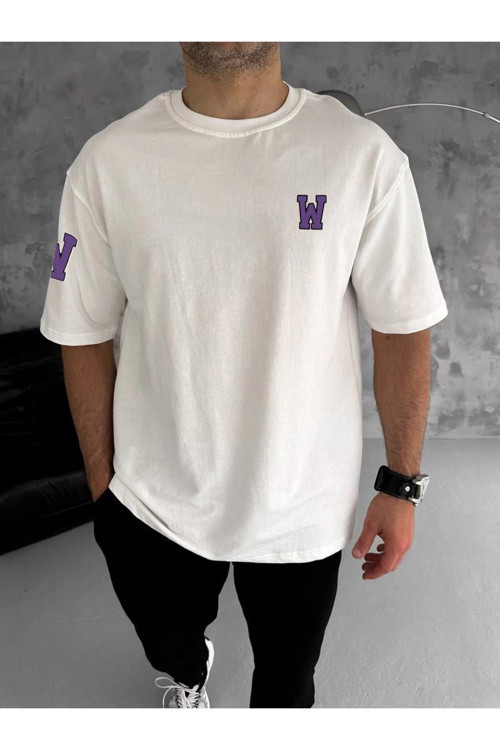 beybunn Erkek Bisiklet Yaka Baskılı Oversize T-Shirt - Beyaz