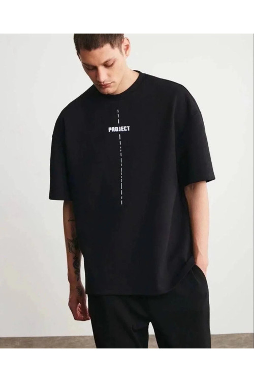 Unisex Bisiklet Yaka Baskılı Oversize T-Shirt - Siyah