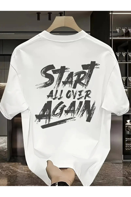 20/1 Penye Compack Start All Over Baskılı Oversize Bisiklet Yaka Kısa Kol Yazlık T-shirt - Beyaz -