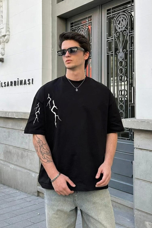 beybunn Unisex Bisiklet Yaka Baskılı Oversize T-Shirt - Siyah