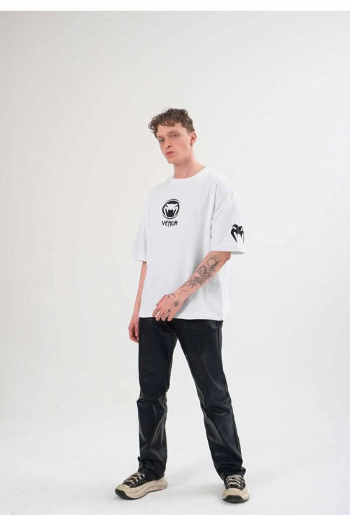beybunn Unisex Bisiklet Yaka Baskılı Oversize T-Shirt - Beyaz