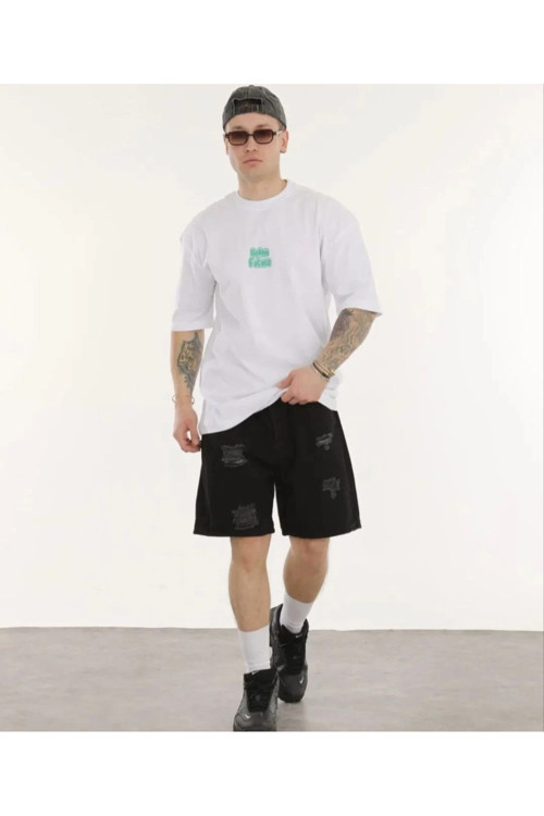 beybunn Unisex Bisiklet Yaka Baskılı Oversize T-Shirt - Beyaz