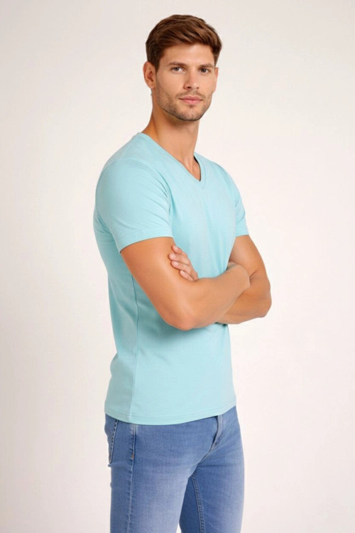 beybunn Erkek V Yaka Slim Fit dar kesim Likralı Tişört - Turkuvaz