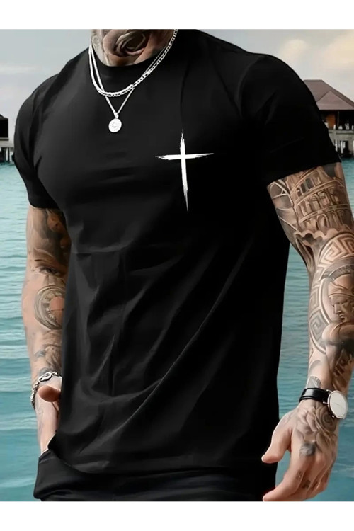 Erkek Baskılı Bisiklet Yaka Kısa Kol T-shirt - Siyah