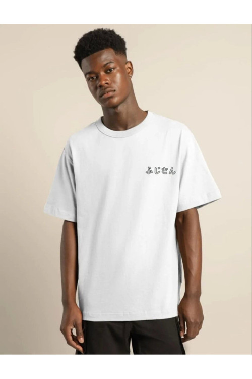 beybunn Unisex Bisiklet Yaka Baskılı Oversize T-Shirt - Beyaz