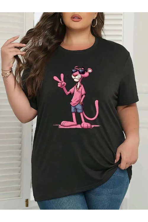 beybunn Kadın Pembe Panter Baskılı Bisiklet Yaka Kısa Kol Yazlık T-shirt - Beyaz