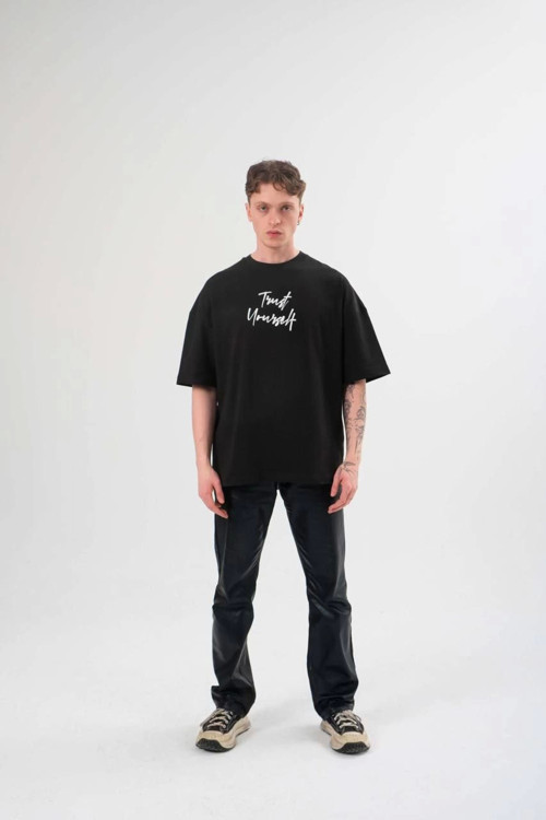 beybunn Unisex Bisiklet Yaka Baskılı Oversize T-Shirt - Siyah