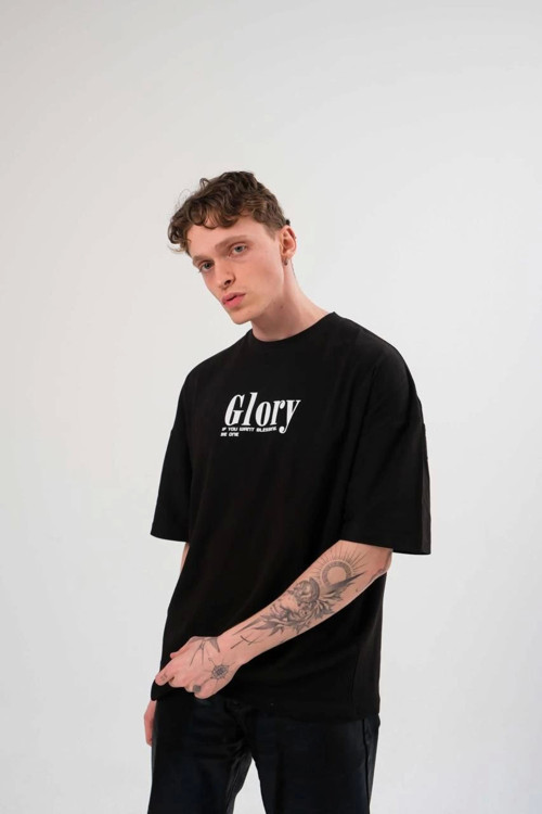 beybunn Unisex Bisiklet Yaka Baskılı Oversize T-Shirt - Siyah