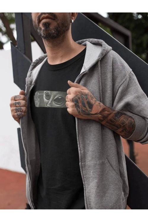 beybunn Unisex Bisiklet Yaka Baskılı Oversize T-Shirt - Siyah