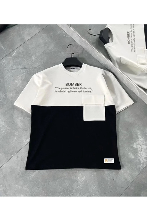 Unisex Torba Cep Detaylı Parçalı T-Shirt - Siyah