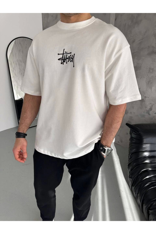 beybunn Unisex Bisiklet Yaka Baskılı Oversize T-Shirt - Beyaz