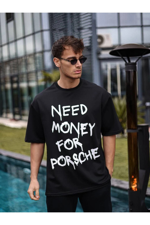 beybunn Unisex Bisiklet Yaka Baskılı Oversize T-Shirt - Siyah