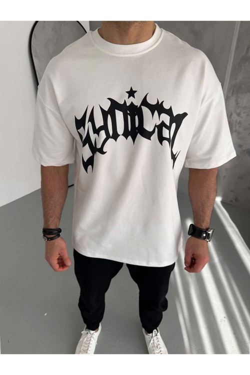 beybunn Unisex Bisiklet Yaka Baskılı Oversize T-Shirt - Beyaz