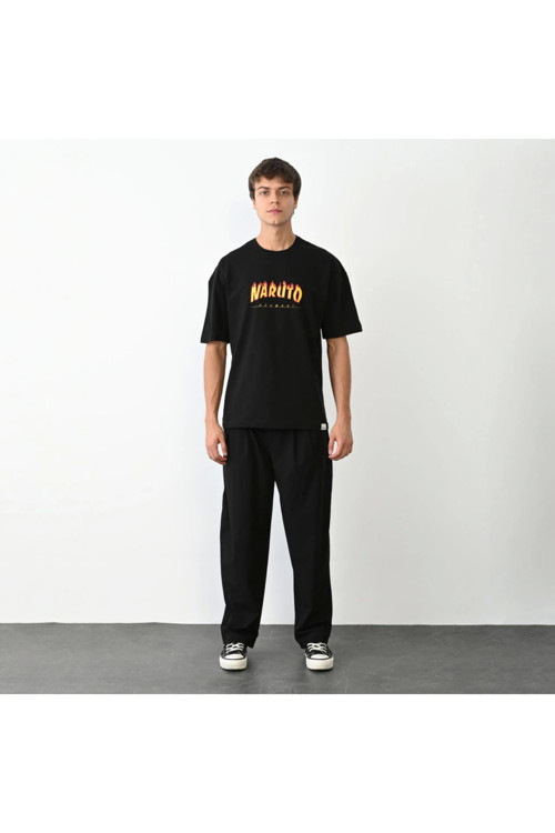 beybunn Unisex Bisiklet Yaka Baskılı Oversize T-Shirt - Siyah
