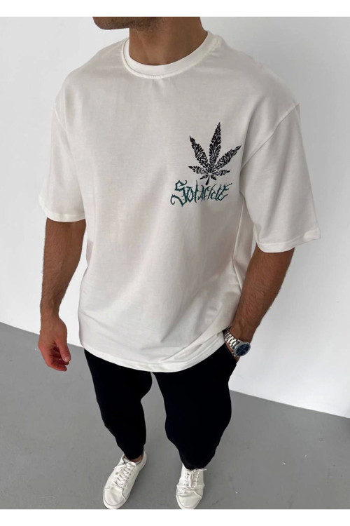 beybunn Unisex Bisiklet Yaka Baskılı Oversize T-Shirt - Beyaz