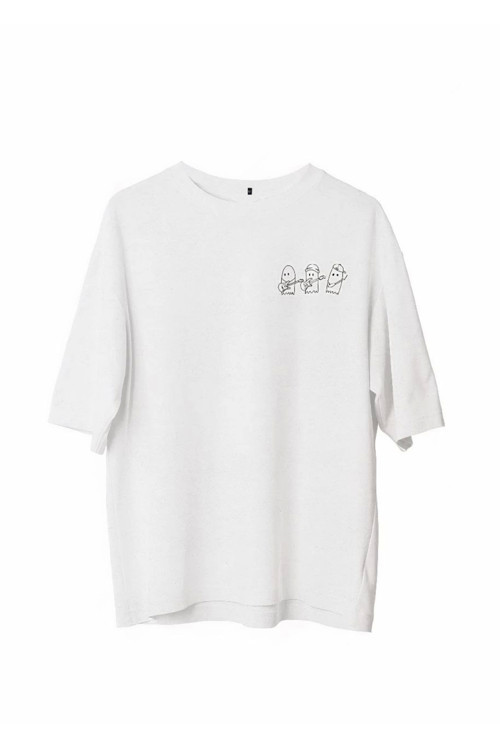 beybunn Unisex Bisiklet Yaka Baskılı Oversize T-Shirt - Beyaz