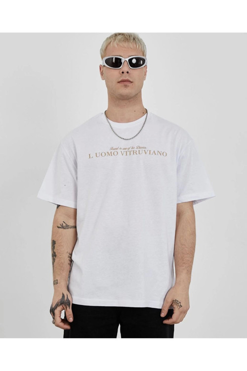 beybunn Unisex Bisiklet Yaka Baskılı Oversize T-Shirt - Beyaz
