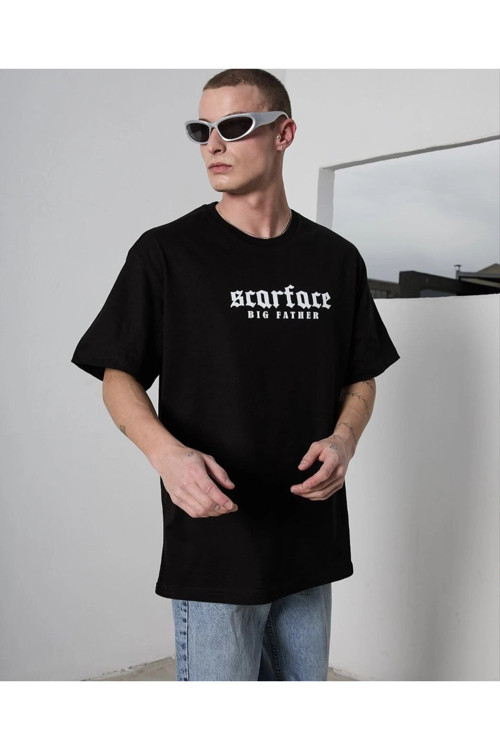 beybunn Unisex Bisiklet Yaka Baskılı Oversize T-Shirt - Siyah
