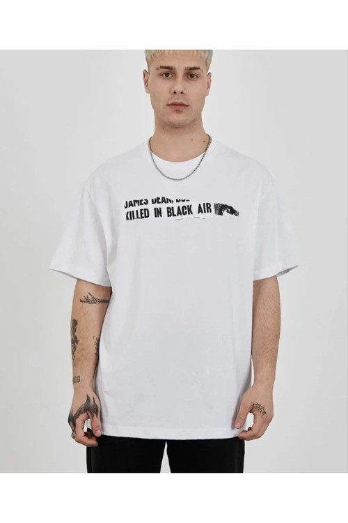 beybunn Unisex Bisiklet Yaka Baskılı Oversize T-Shirt - Beyaz