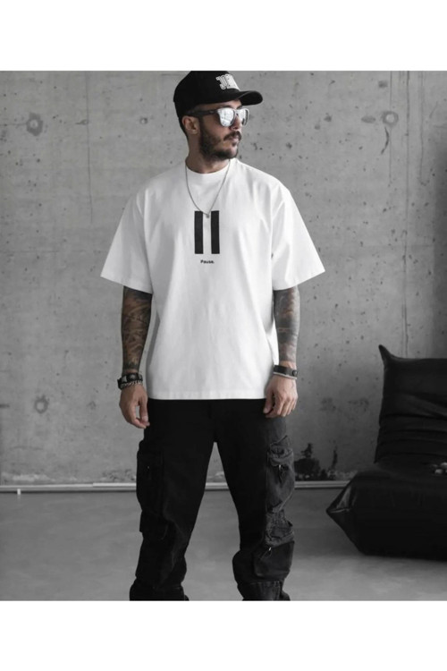 beybunn Unisex Bisiklet Yaka Baskılı Oversize T-Shirt - Beyaz