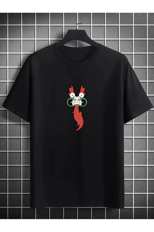 beybunn Unisex Bisiklet Yaka Baskılı Oversize T-Shirt - Siyah