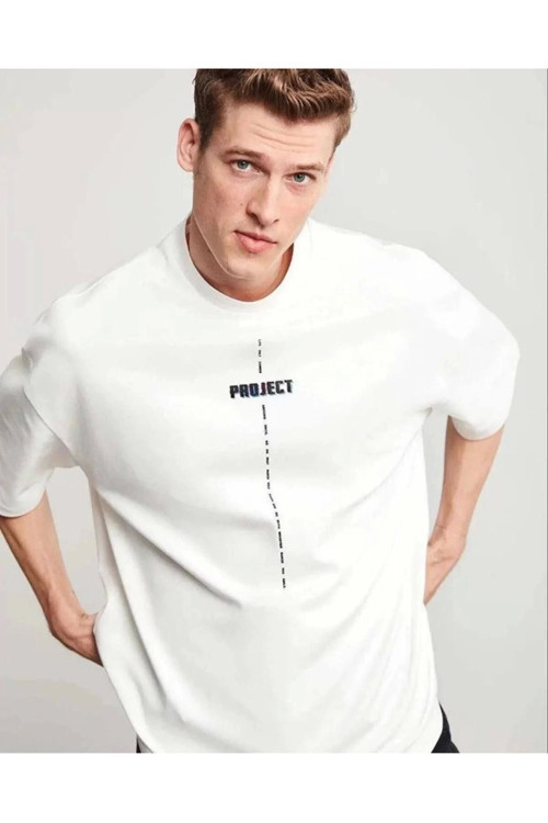 beybunn Unisex Bisiklet Yaka Baskılı Oversize T-Shirt - Beyaz