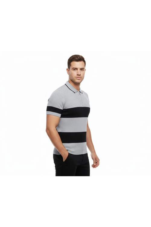 beybunn Erkek T-shirt Çizgili Triko Dokuma Kumaş Polo Yaka Yarım Fermuarlı Regular Kalıp Tişört - Gri