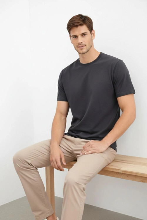 beybunn Erkek Bisiklet Yaka Tişört Regular Kalıp Basic Pamuklu Günlük Kullanım T-shirt - Füme