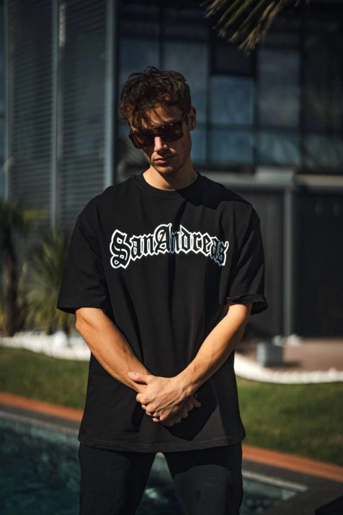 beybunn Unisex Bisiklet Yaka Baskılı Oversize T-Shirt - Siyah