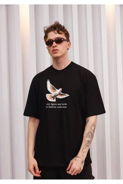 beybunn Unisex Bisiklet Yaka Baskılı Oversize T-Shirt - Siyah