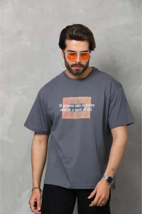 Moda Unisex Bisiklet Yaka Baskılı Oversize T-Shirt - Füme