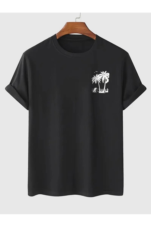 Kadın Palmiye Baskılı T-Shirt Kısa Kol Bisiklet Yaka Ovarsize Rahat Kalıp Tişört - Siyah