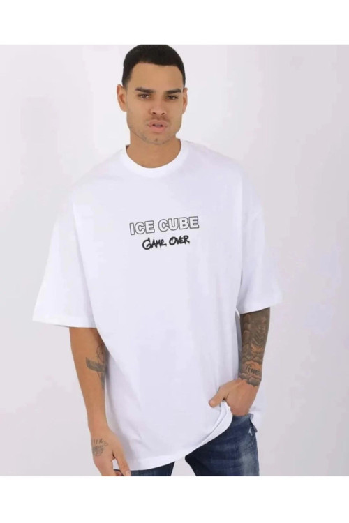 beybunn Unisex Bisiklet Yaka Baskılı Oversize T-Shirt - Beyaz