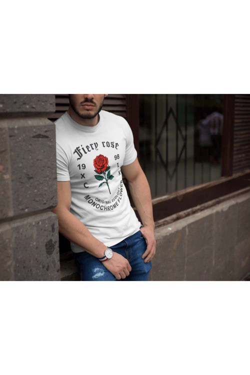 beybunn Erkek Bisiklet Yaka Baskılı Oversize T-Shirt - Beyaz