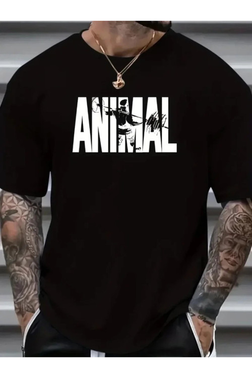 Animal Desen Baskı Oversive Tişört, Sporda Ve Günlük Giyime Uygun - Siyah -
