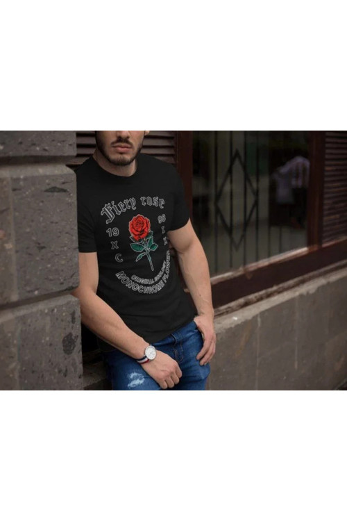 Erkek Tişort Bisiklet Yaka Baskılı Kısa kol T-Shirt - Siyah