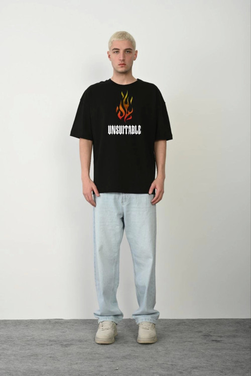 beybunn Unisex Bisiklet Yaka Baskılı Oversize T-Shirt - Siyah
