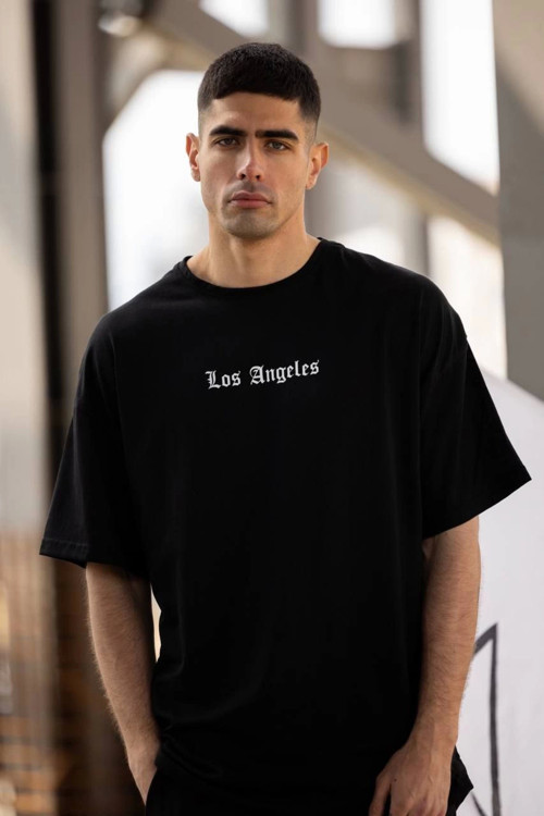 beybunn Unisex Bisiklet Yaka Baskılı Oversize T-Shirt - Siyah