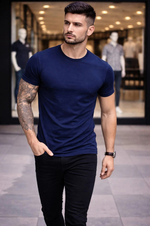 beybunn Erkek T-Shirt Bisiklet Yaka Slim Fit dar kesim Likralı Tişört Günlük Basic Body - Lacivert