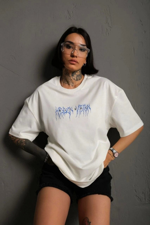 beybunn Unisex Bisiklet Yaka Baskılı Oversize T-Shirt - Beyaz