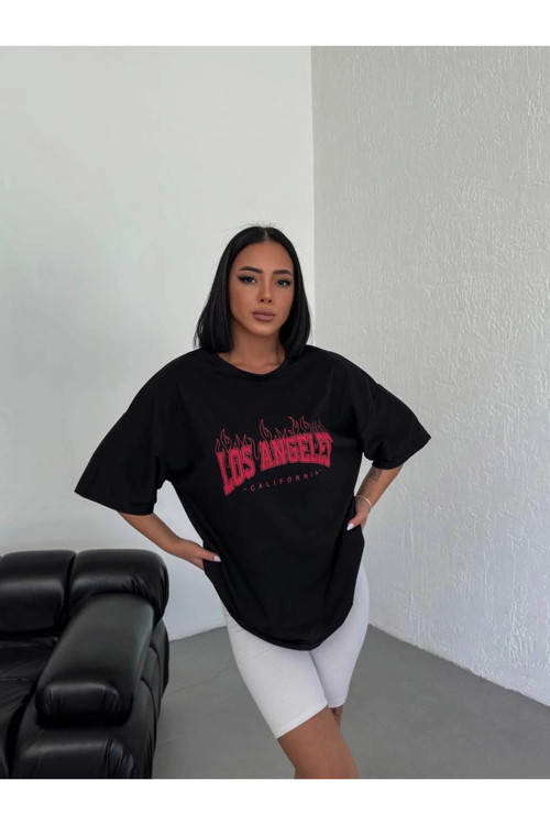 beybunn Unisex Bisiklet Yaka Baskılı Oversize T-Shirt - Siyah
