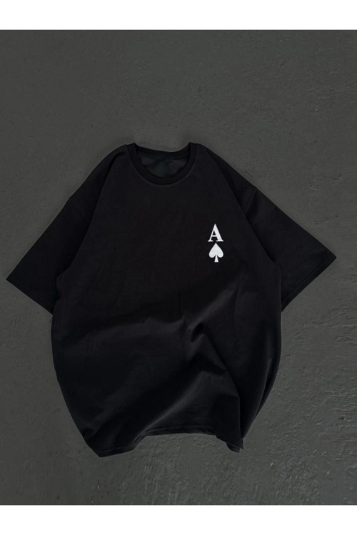 beybunn Unisex Bisiklet Yaka Baskılı Oversize T-Shirt - Siyah