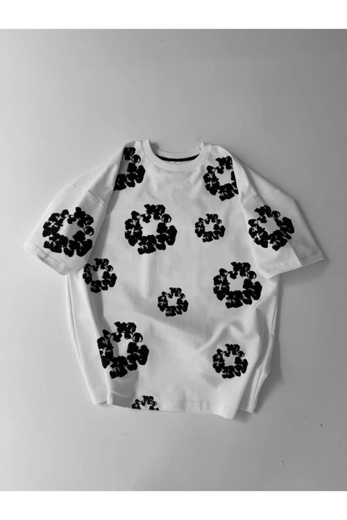Erkek Ön ve Arka Baskılı Oversize Bisiklet Yaka T-shirt- Beyaz